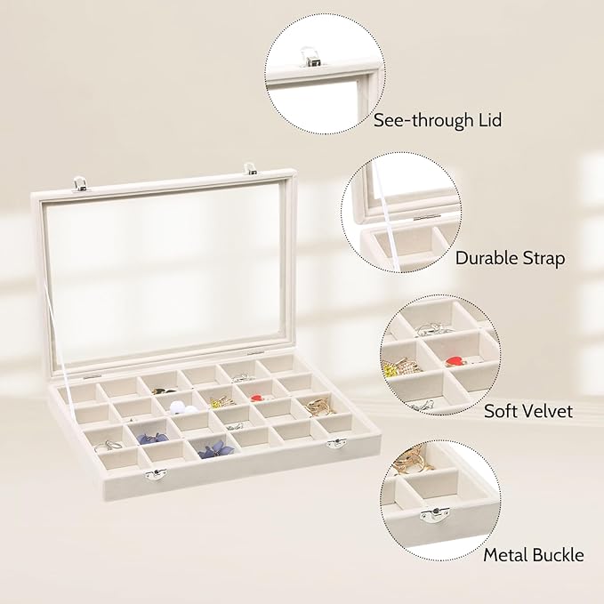Stratalife Jewelry Organizer Jewelry Tray with Lid See-through Display Showcase Large Earring Organizer Velvet Storage Box for Earring Necklace Rings Dice Beige (24 Grids)