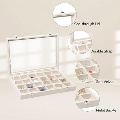Stratalife Jewelry Organizer Jewelry Tray with Lid See-through Display Showcase Large Earring Organizer Velvet Storage Box for Earring Necklace Rings Dice Beige (24 Grids)