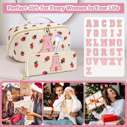 Personalized Travel Makeup Bag Set,Initial Travel Strawberry Makeup Organizer Bag,Toiletry Skincare Cosmetic Bag,Christmas Gifts for Women/Girls,Open Flat Toiletry Pouch with Brush Pocket-S