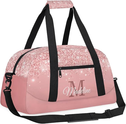Personalized Kids Sports Duffel Bag with Name Custom Weekender Overnight Bag for Boys Girls Gym Bag Travel Dance Gymnastics Duffel Bag, Pink Glitter