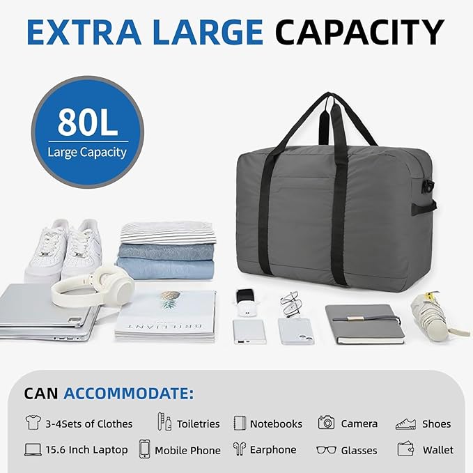 80L Foldable Travel Duffle Bag - Lightweight Duffel Bag for Women & Men, Large Packable Travel Bag for Weekend Trips, Camping & RV Travel (Grey)