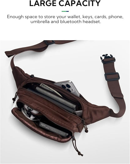 WATERFLY Fanny Pack Waist Packs: Large Crossbody Fanny Packs for Women Men with 5 Zipper Pockets Adjustable Strap Waist Bags Hip Pack for Traveling Cycling Running Hiking-Brown