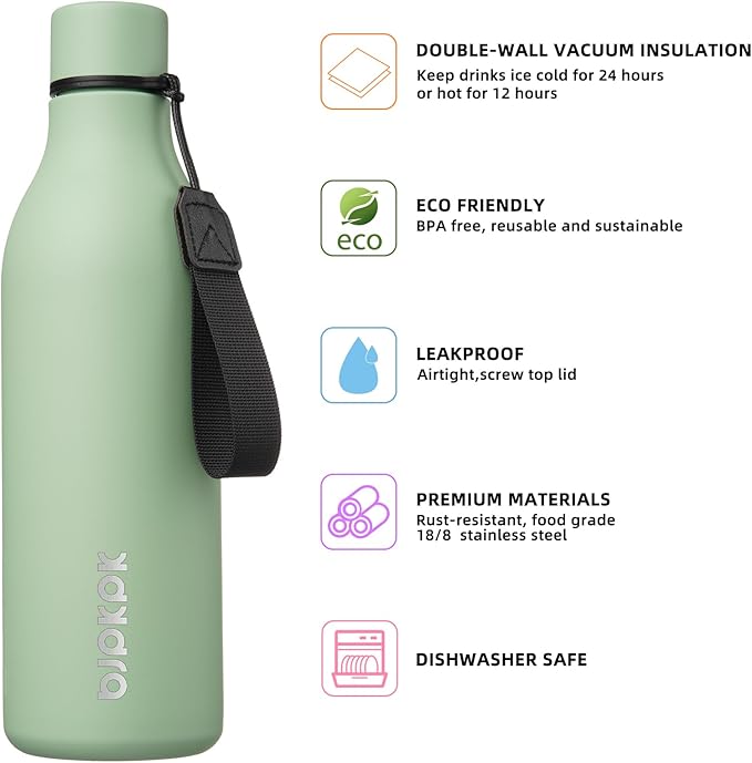 BJPKPK Insulated Water Bottles, 25 oz Stainless Steel Metal Water Bottle with Strap, BPA Free Leak Proof Jugs, Mugs, Flasks, Reusable Thermal Flasks for Sports & Travel, Macaron Green