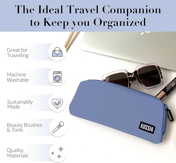 KUSSHI Neoprene Zipper Makeup Brush Pouch and Travel Pencil Case for Beauty Tools, Pencils, Brushes & Small Accessories - Makeup Brush Bag Pouch for Organization and Travel Items (Pearl Blue)