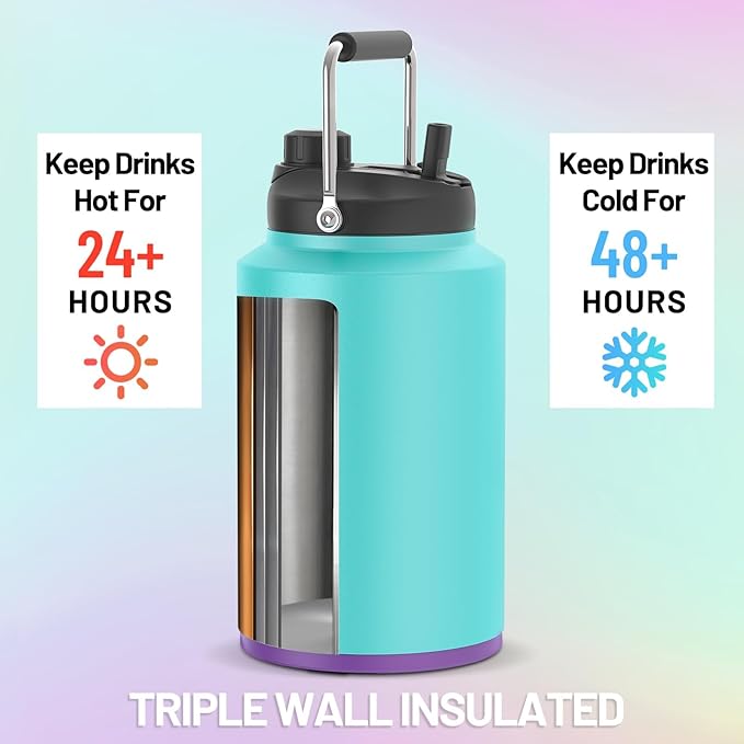 Tronco 1 Gallon Water Bottle, 128 oz Large Stainless Steel Triple Wall Vacuum Insulated Water Jug with Straw Lid and Spout, Keep Cold 48 Hrs, Top Handle, Leak Proof, Wide Mouth, Sweat Proof, BPA Free