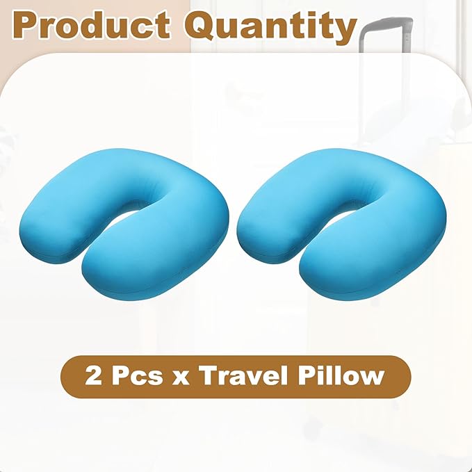 HARFINGTON 2pcs Travel Pillow Airplane Neck Pillow U-Shaped Filled with Foam Beads Stuffable Classic for Sleeping Neck Chin Lumbar Support, Light Blue