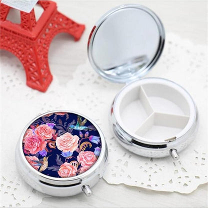 Pill Box,Flowers and Hummingbirds Round Pill Box 3 Compartment Decorative Pocket Purse Portable Mini Travel Medicine Tablet Vitamin Holder Organizer Pill Case