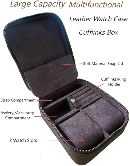Watch Travel Case for Men, Genuine Leather Watch Case Travel Jewelry Case Vintage Travel Watch Box Handmaded Leather Watch Holder Cufflinks Box for Home Storage,Travel and Display