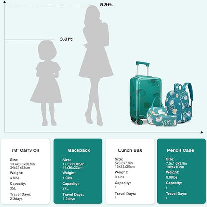 Somago 4 Piece Kid's Luggage with Backpack Set for Boys Girls Spinner 18" Hardside PC Rolling Carry on Suitcase with TSA Lock (Seashell Blue)