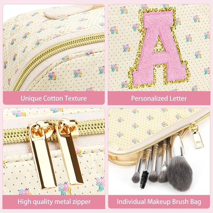 Personalized Travel Makeup Bag Set,Initial Travel Cute Floral Makeup Organizer Bag,Toiletry Skincare Cosmetic Bag,Christmas Gifts for Women/Girls,Open Flat Toiletry Pouch with Brush Pocket-Q