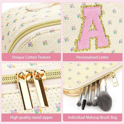 Personalized Travel Makeup Bag Set,Initial Travel Cute Floral Makeup Organizer Bag,Toiletry Skincare Cosmetic Bag,Christmas Gifts for Women/Girls,Open Flat Toiletry Pouch with Brush Pocket-N