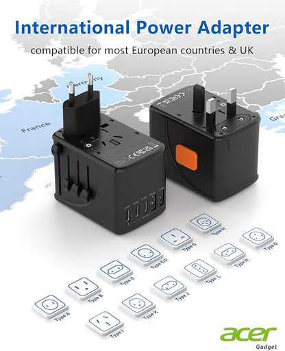 Acer 70W GaN Universal Travel Plug Adapter - International Power Adapter with 3 USB C & 1 USB A, Worldwide Power Outlet Travel Essentials for USA to European UK AUS Ireland, Type C/G/I/A, Black