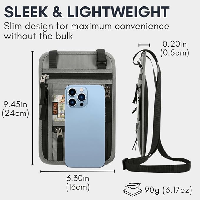 elzama Travel Wallet Passport Holder, RFID Neck Wallet for Traveling Men Women, Super Slim Lightweight Travel Pouch Document Holder Passport Wallet with Neck Strap, Light Grey