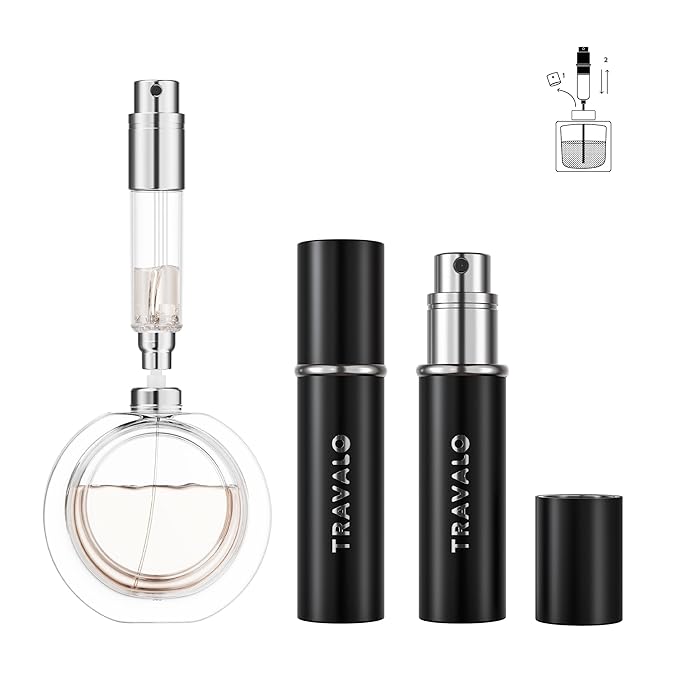 Refillable Perfume Atomizer, Bottom Filling Fragrances Perfume Bottle, Mini Cologne Dispenser, Travel sized, Portable Sprayer for Women Men, Gift (ESSENTI, BLACK)