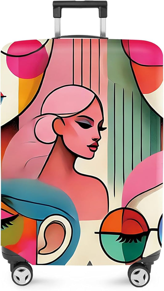 ANNA QUEEN Modern Art Fashion Luggage Cover, Stylish Abstract Woman Suitcase Protector, Washable, Stretchable Travel Sleeve for 24-26 Inch Luggage, Trendy, Colorful Design