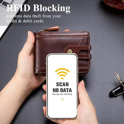 Genuine Leather Men's Wallet with Zipper Vintage RFID Blocking Large Capacity Wallet for Men with 11 Credit Card Slots and 1 ID Window (Black)