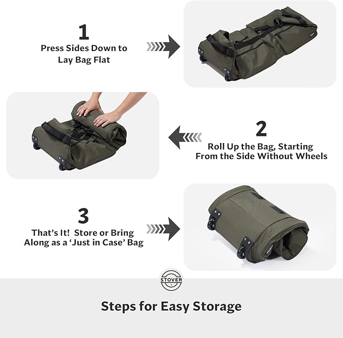 STOVER 100L U-Zip Rolling Duffel Bag with Wheels, X-Large Durable Travel Duffle + Toiletry Bag, Heavy Duty, Lay-Flat Opening, Packable w/Shoulder Straps- Use as Luggage or Backpack, Men/Women (Green)