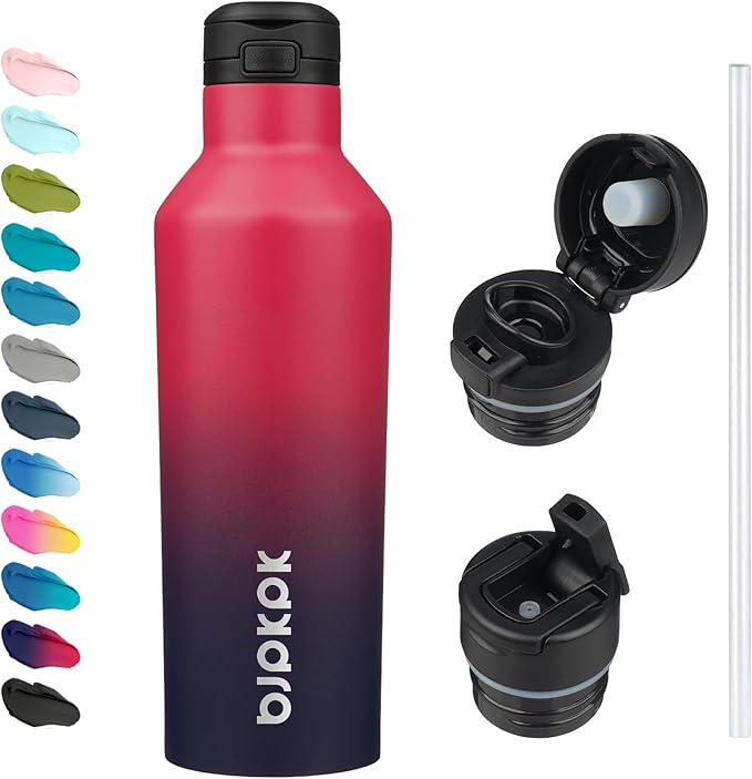 BJPKPK Insulated Water Bottle With Straw 25oz Stainless Steel Water Bottles With 2 Lids And Carry Handle Reusable Travel Metal Thermal Flask,Charming Black Red