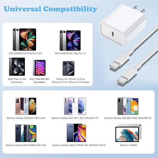 iPhone 16/15 Charger, USB C Charger, 2-Pack 20W Type C Fast Wall Charge Power Adapter, 6FT 60W USB-C to C Cable for iPhone 16/15 Pro/15 Pro Max, iPad Pro 12.9/11 inch, New iPad Air 5/4th, AirPods Pro