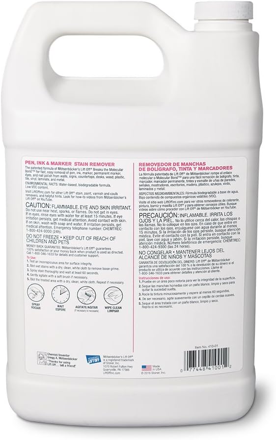 Motsenbocker's Lift Off 41001 Pen, Ink & Marker Stain Remover – Removes Nail Polish, Makeup, and Dyes From Walls, Countertops, Tile, and More, Pre-Wash Laundry Treatment – 1 Gallon