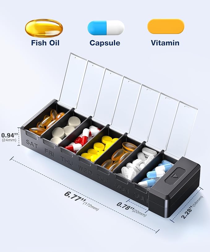 HEIYING 7 Days Pill Organizer with Aluminum Shell for One Week Capacity, Portable Metal Pill Case to Hold Vitamin, Medicine, Supplements