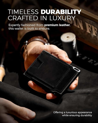 LORZOR Slim Wallet for Men- Minimalist Tactical Full Grain Leather Wallet for 12 Cards, RFID Blocking Aluminum Cardholder, Smart Pop Up Card Case, Front Pocket, Money Clip, Gift for Men(VintageBlack)