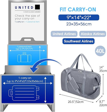 Narwey Carry on luaggage 22x14x9 Airlines Approved Foldable Carry on Bag Travel Duffel Packable Duffle with Wet Pocket Overnight for Women and Men 40L (Grey)