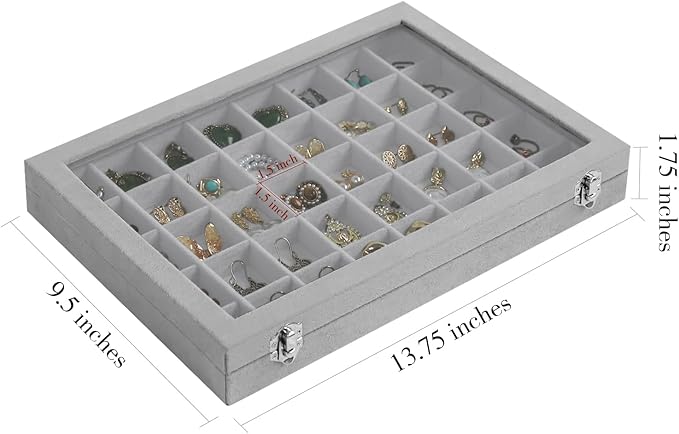 Stratalife Jewelry Organizer 40 Grid Jewelry Tray with Lid Dust-proof Velvet Earring Organizer Ring Holder Necklaces Earrings Storage Drawer Accessories Box for Women Gray