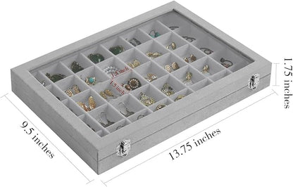 Stratalife Jewelry Organizer 40 Grid Jewelry Tray with Lid Dust-proof Velvet Earring Organizer Ring Holder Necklaces Earrings Storage Drawer Accessories Box for Women Gray