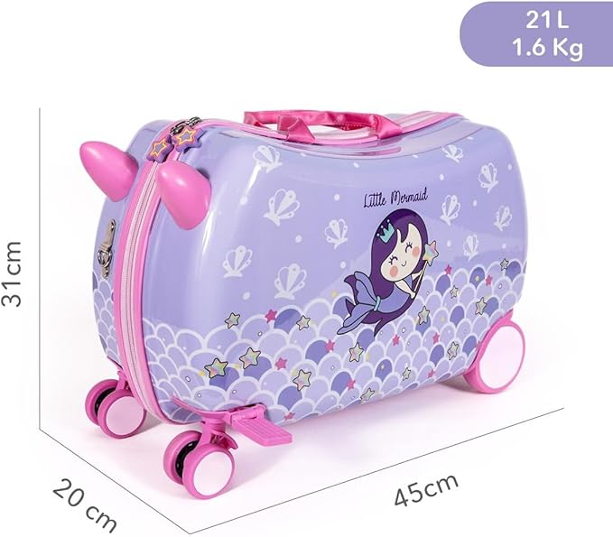MILK&MOO Rideable Kids Suitcase Little Mermaid, Fun and Safe, Durable, Spacious and Ergonomic Design, 360° Swivel Wheels, for Children Aged 2-6 Years, 21 L, Maximum Riding Weight 50kg / 110 Lb