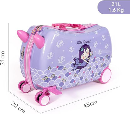 MILK&MOO Rideable Kids Suitcase Little Mermaid, Fun and Safe, Durable, Spacious and Ergonomic Design, 360° Swivel Wheels, for Children Aged 2-6 Years, 21 L, Maximum Riding Weight 50kg / 110 Lb