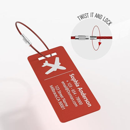 4 Personalized Metal Luggage Tags, Laser Engrave Name and Logo, Custom Aluminum Suitcase Tags with Steel Ring, for Travel, Backpack, Baggage (Red)