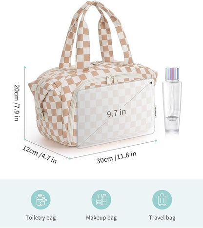 Narwey Travel Toiletry Bag, Wide-open Large Toiletry Bags for Traveling Women, Checkered Travel Bag for Toiletries Cosmetic Makeup Bag Organizer, Skincare Make Up Bag (Light Checkerboard)