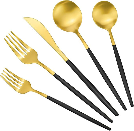 Black and Gold Silverware Set for 8, 40-Piece Matte Handle Flatware, Stainless Steel Cutlery Tableware, Kitchen Utensils Include Spoons and Forks, Dishwasher Safe