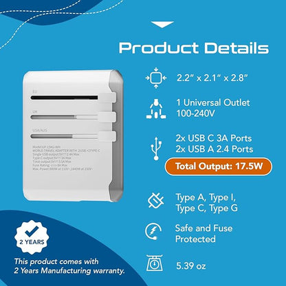 Ceptics Universal Travel Adapter 17.5W, 5 in 1 Universal Laptop Charger with 2X USB-A & USB-C 3.5A for Mobiles, Laptops, Cameras US, UK, EU, AU, All in 1 Type A, C, G, I Output, White