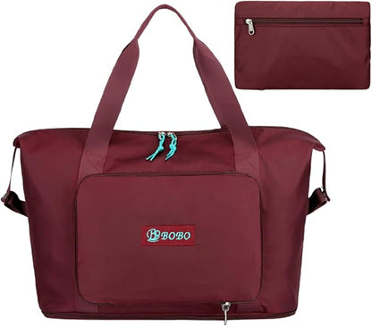 Expandable Travel Duffle Bag for Women Men, Lightweight Foldable Travel Tote Bags Gym Bag, Large Waterproof Carry On Weekender Overnight Bag with Wet Pocket for Workout, Fitness, Shopping Wine Red