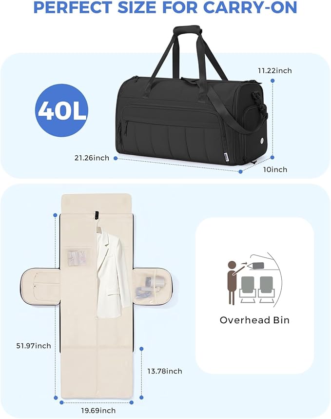 WANDF Convertible Garment Bags for Travel with Wet Pocket Carry on Garment Duffle Bag 2 in 1 Puffy Hanging Clothes Travel Bags with Shoe Compartment for Airplanes Business Weekend Gym Wedding (Black)