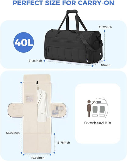 WANDF Convertible Garment Bags for Travel with Wet Pocket Carry on Garment Duffle Bag 2 in 1 Puffy Hanging Clothes Travel Bags with Shoe Compartment for Airplanes Business Weekend Gym Wedding (Black)