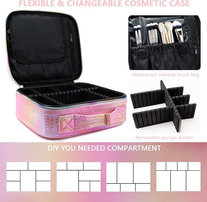 Travel Makeup Case 3 Layers Portable Makeup Train Case Cosmetic Bag Organizer Storage for Women with Adjustable Dividers and Shoulder Strap for Toiletry Travel Accessories(pink)