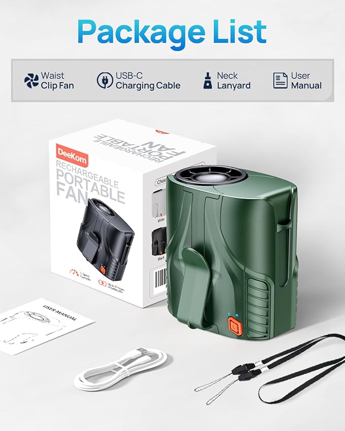 2025 Portable Personal Waist Fan& Neck Fan, 14000RPM Brushless Motor, 40H Runtime Rechargeable, 6-Speed Quiet Operation, Clip-On Personal Body Cooling for Camping/Worksites/Outdoor