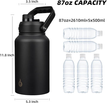 BJPKPK 87oz Insulated Water Bottle, Dishwasher Safe 2/3 Gallon Water Bottle with Ergonomic Handle, BPA Free Leak Proof Water Jug,Stainless Steel Metal Flasks with Anti-slip Bottom, Black