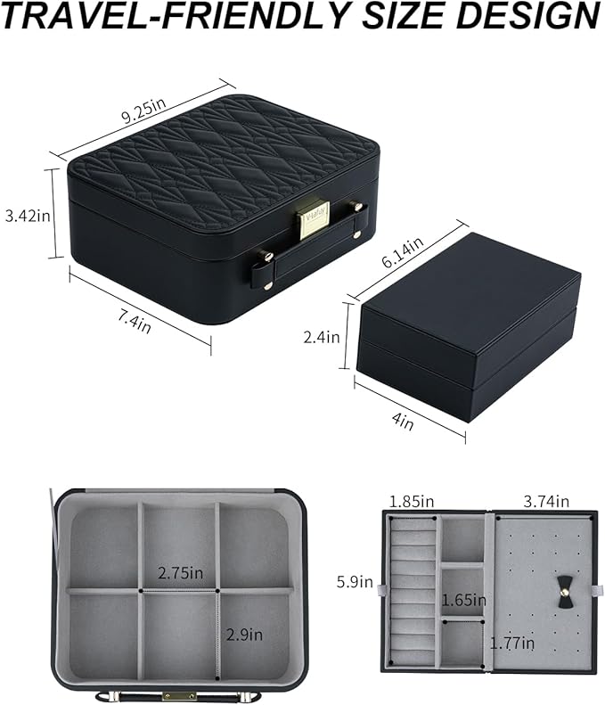 Jewelry Box for Women, Travel Jewelry Organizer Case with Jewelry Tray for Rings Earrings Necklaces Bracelets Watches, Black