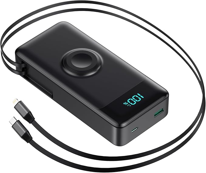 5-in-1 Portable Charger for iPhone,40800mAh Power Bank Built-in Retractable Cable and iWatch Charger,25W PD QC4.0 Fast Charging Battery Pack,Travel Essential Charger for iPhone 17/Air/16,Android,Black