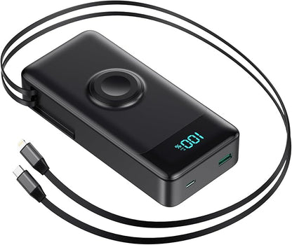 5-in-1 Portable Charger for iPhone,40800mAh Power Bank Built-in Retractable Cable and iWatch Charger,25W PD QC4.0 Fast Charging Battery Pack,Travel Essential Charger for iPhone 17/Air/16,Android,Black