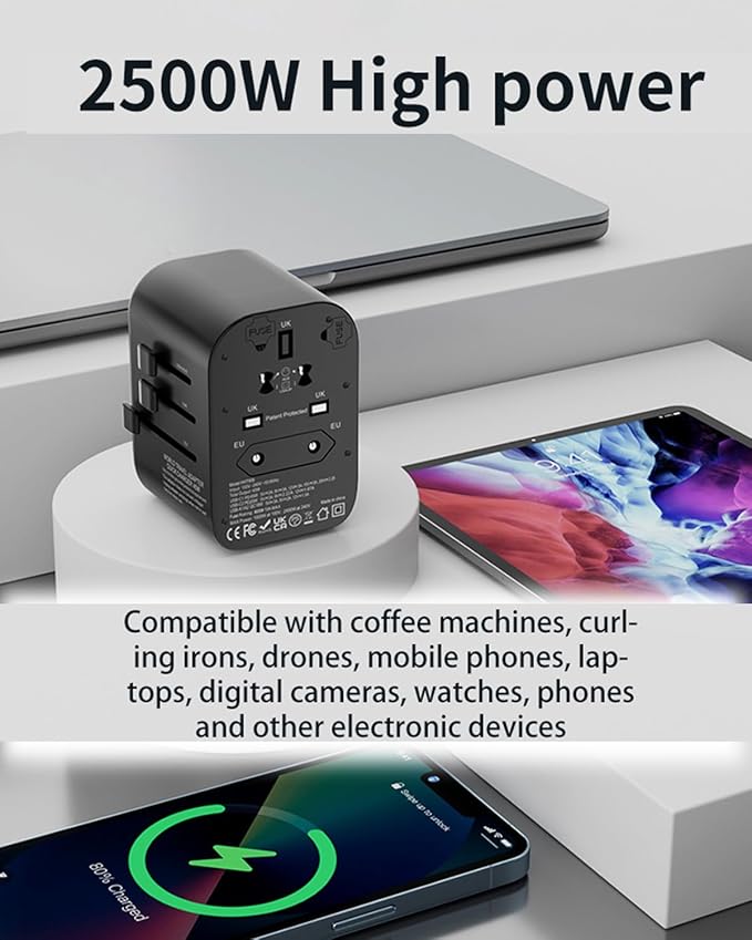 GaN 45W Universal Travel Adapter, International Power Adapter with 5-Port PD Fast Charging (2 USB-C, 2 USB-A, 1 AC) - 100V-240V Travel Adapter Worldwide Plug for US EU UK AUS Asia (Type A/C/G/I)