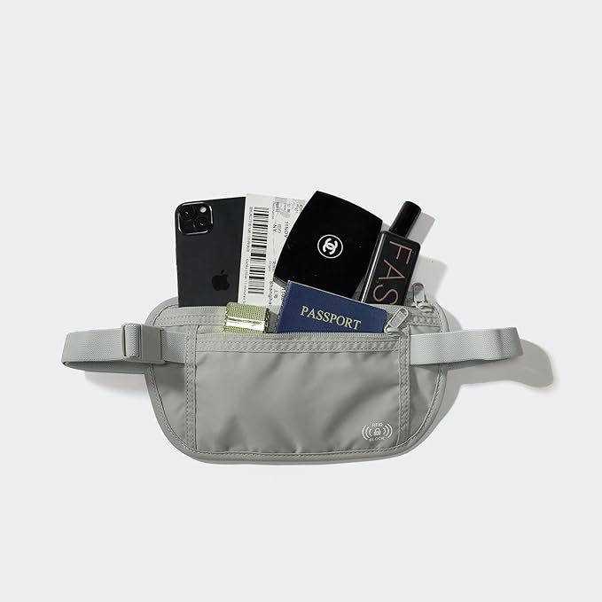 Pander RFID Blocking Travel Money Belt – Hidden Waist Pouch for Passport, Cash, Cards, Slim Belt Bag for Men and Women, Light Grey