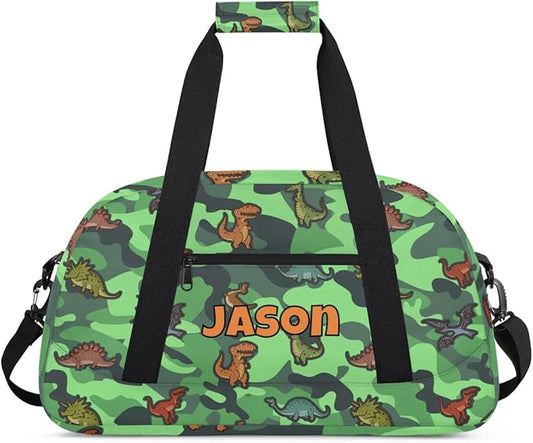 Personalized Duffel Bag for Kids Girls Boys, Cartoon Dinosaurs Custom Name Gym Bag Overnight with Padded Handles Carry On Weekend Sports Travel Bag for School Practice Gymnastics Ballet