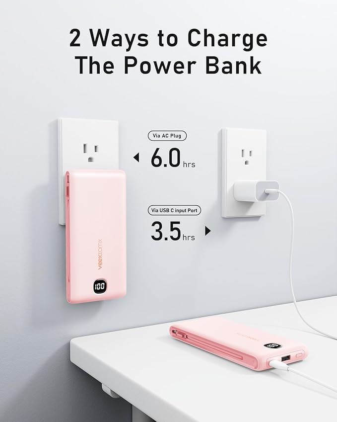 VEEKTOMX Portable Charger with Built in Cables 10000mAh, Power Bank for iPhone with Wall Plug, Travel Essential Fast Charging USB C Slim External Battery Pack for iPhone 17/16/15/14, Samsung, iPad,etc