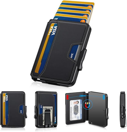 Wallet for Men, Mens Wallet Minimalist Slim Wallet, RFID Blocking Smart Pop Up Wallet with Money Clip & ID Window, Metal Compact Wallet, Aluminum Credit Card Holder Wallet