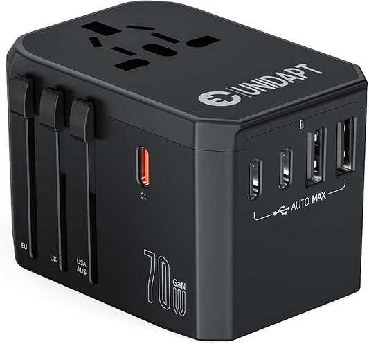 Unidapt Universal Travel Adapter, 70W International Plug Adapter with 3 USB-C PD Fast Charging & 2 USB-A Quick Charger Worldwide Adaptor for USA EU UK AUS Black (JY305-MAX)